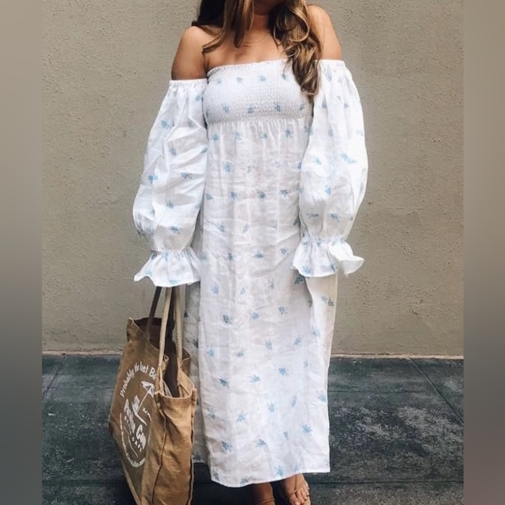 Sleeper Elegant White and Blue Off-Shoulder Dress